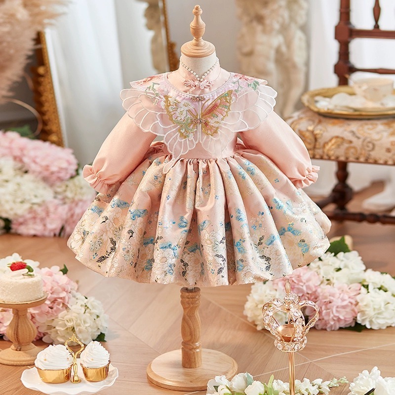 princess boutiques traditional embroidery butterfly dress infant toddler long sleeve flower pink clothing for wedding party