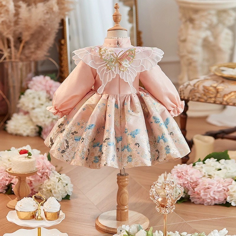 princess boutiques traditional embroidery butterfly dress infant toddler long sleeve flower pink clothing for wedding party