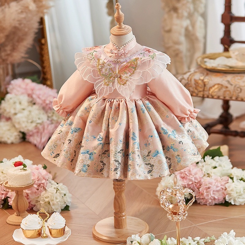 princess boutiques traditional embroidery butterfly dress infant toddler long sleeve flower pink clothing for wedding party