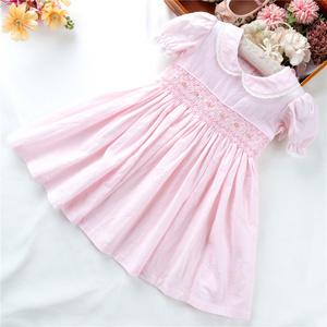 B062362 PINK girl's dresses summer solid blue plain eacy smocked cotton kids clothing  wholesale