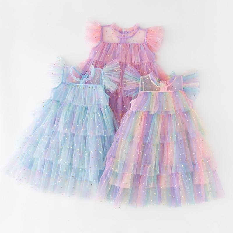 summer wholesale infant baby girls dresses tulle princess dress Sequined ruffles fashion outfit kids clothing dg063