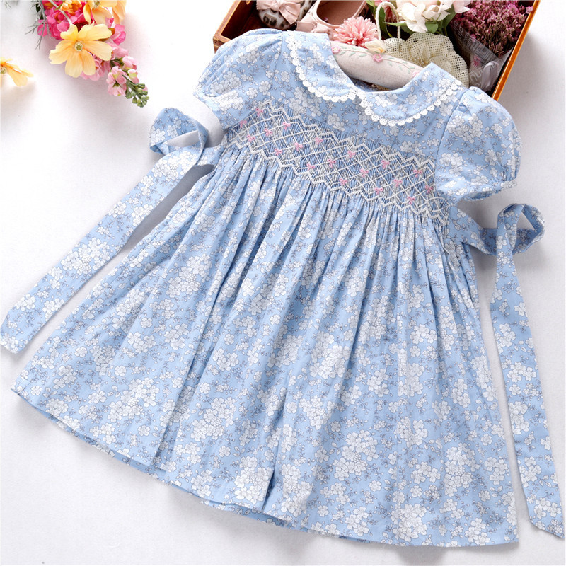 baby girls smocked dresses blue floral flower handmade summer fashion boutiques wholesale ready made 553