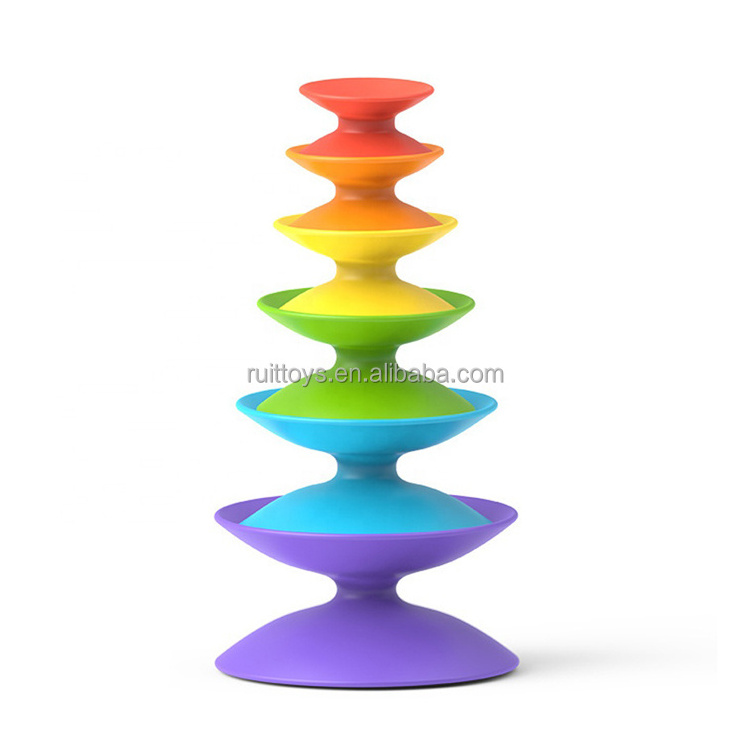 Montesori Ferrule Pile Silicone Rainbow Spinning Wheel Toy Stacker Game Set Training Balance Toy