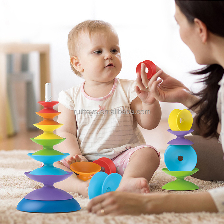 Montesori Ferrule Pile Silicone Rainbow Spinning Wheel Toy Stacker Game Set Training Balance Toy