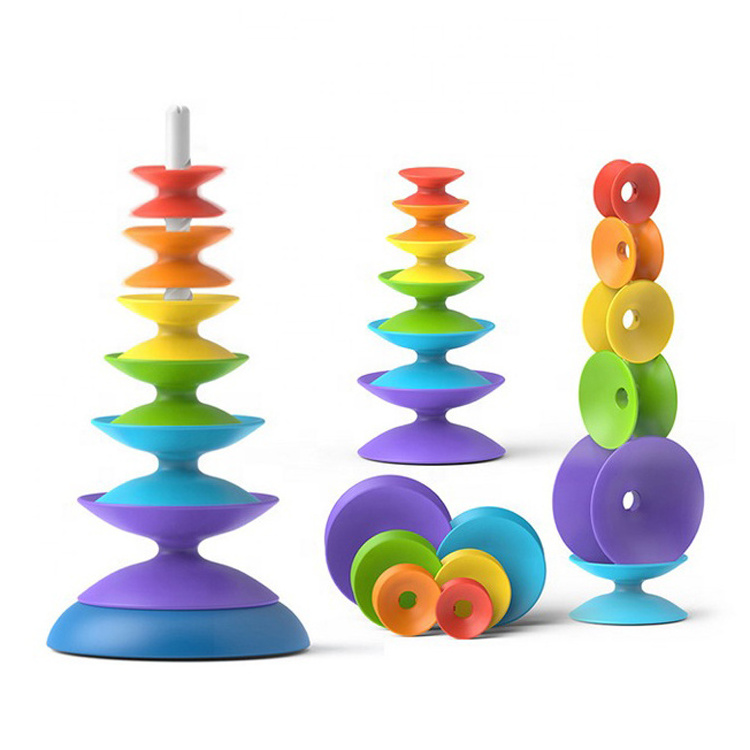 Montesori Ferrule Pile Silicone Rainbow Spinning Wheel Toy Stacker Game Set Training Balance Toy