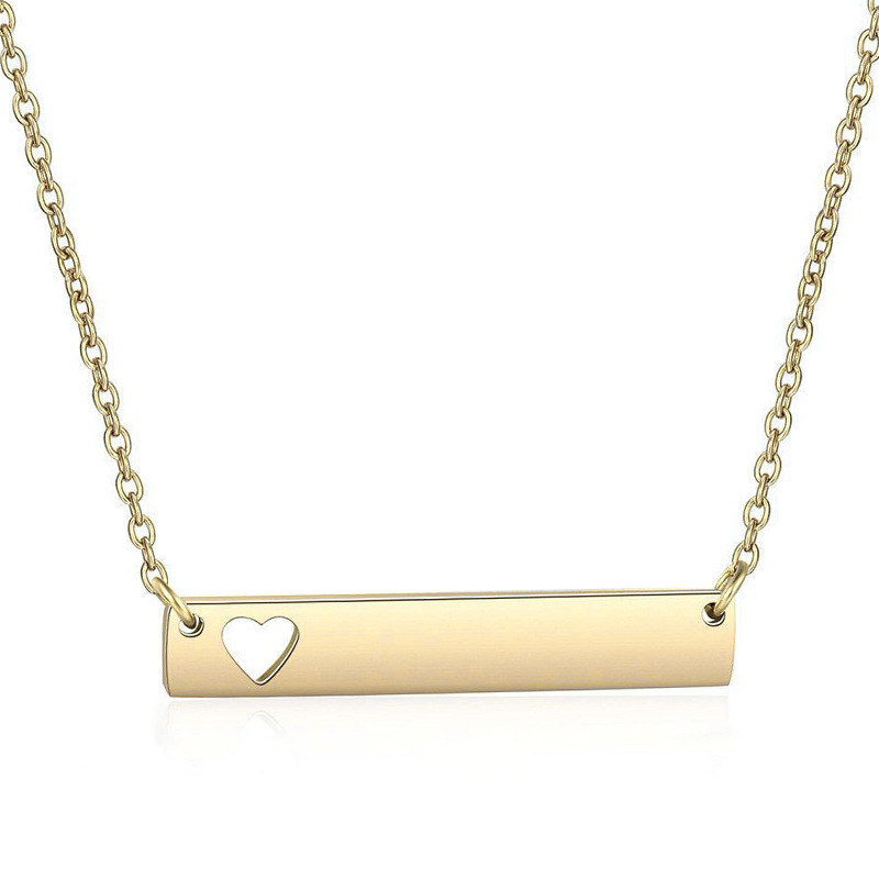 Personalized Wholesale Jewelry Hollow Out Heart Blank Pendant 18k Gold Plated Custom Engraved Stainless Steel Bar Necklace