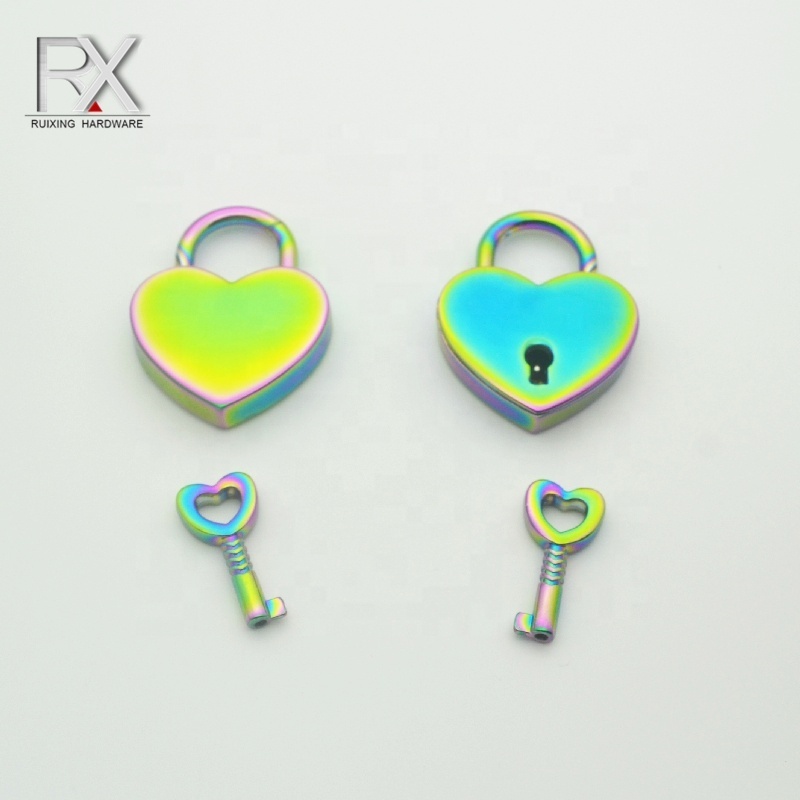 Rainbow color metal zinc alloy heart shaped padlock with key bag lock jewelry box love heart-shape lock clasps for handbag