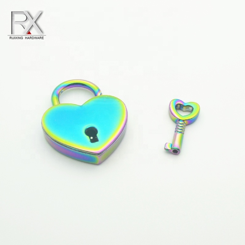 Rainbow color metal zinc alloy heart shaped padlock with key bag lock jewelry box love heart-shape lock clasps for handbag