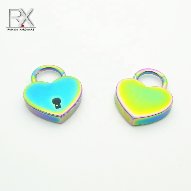 Rainbow color metal zinc alloy heart shaped padlock with key bag lock jewelry box love heart-shape lock clasps for handbag