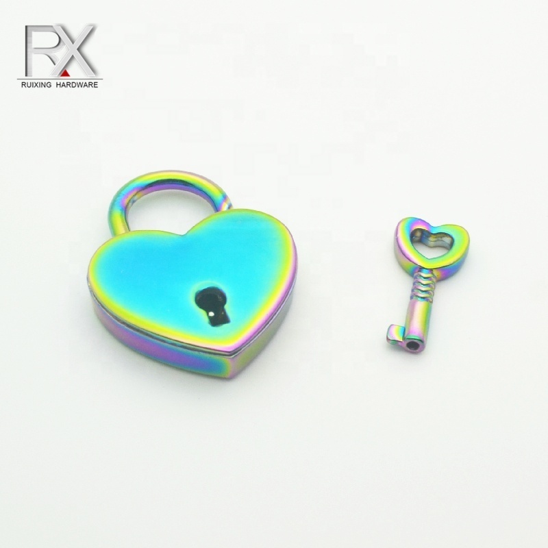 Rainbow color metal zinc alloy heart shaped padlock with key bag lock jewelry box love heart-shape lock clasps for handbag