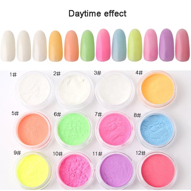 12colors glow in the dark  powder Nail Dust Fluorescent Effect Luminous glitter powder glow in dark acrylic powder