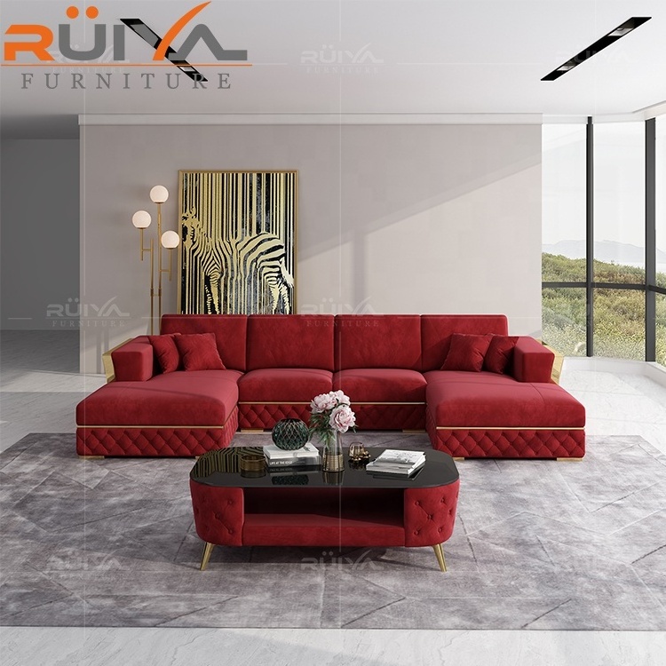 wholesaler furniture factory red corner sofa double chaise lounge luxury velvet corner sofa