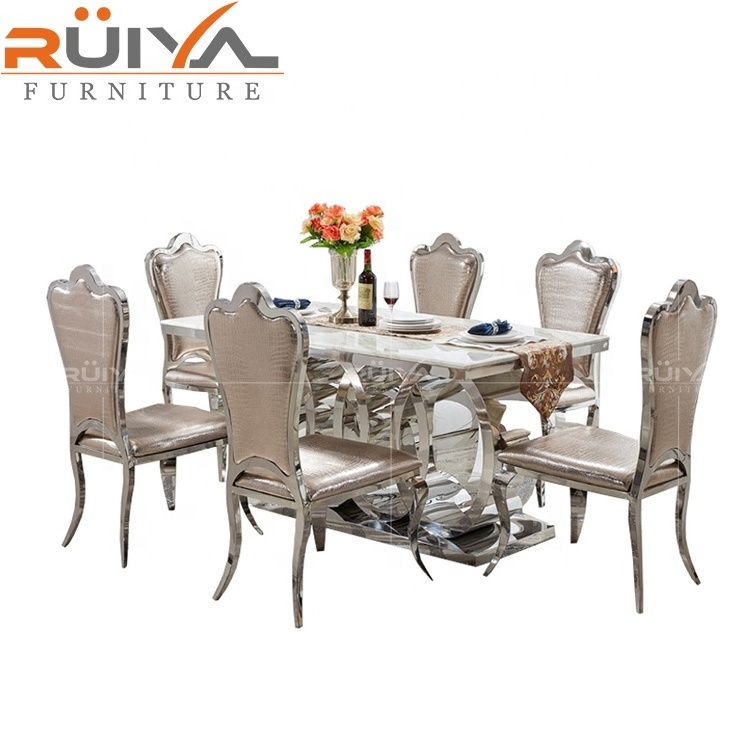 Foshan Furniture customized elegant style large marble top stainless steel dining room table for 8 chairs