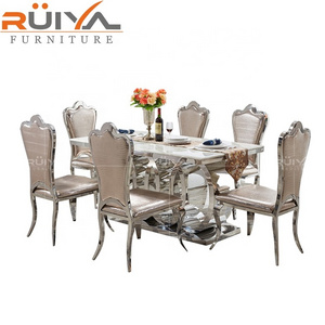 Foshan Furniture customized elegant style large marble top stainless steel dining room table for 8 chairs