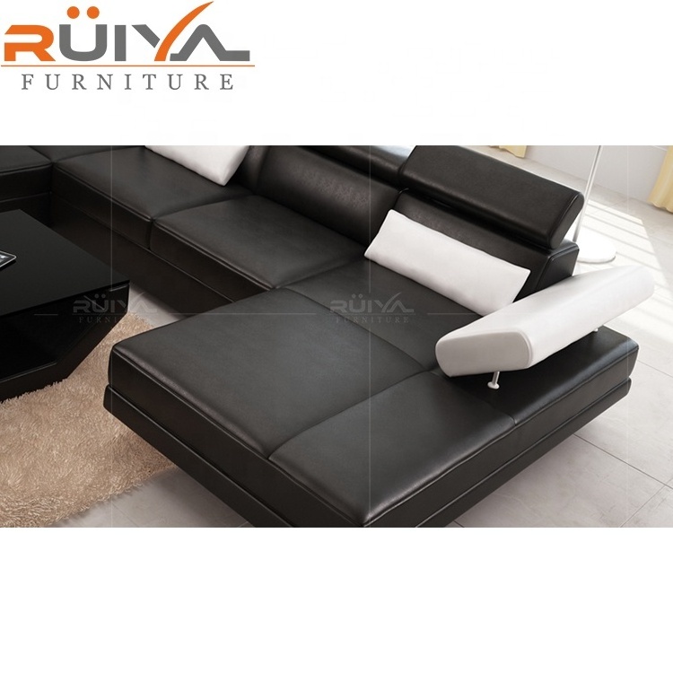 Black double chaise lounge sectional sofa leather modern living room