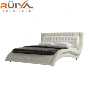 Top grain half leather bed in king size, Foshan cheap furniture carved wooden bed