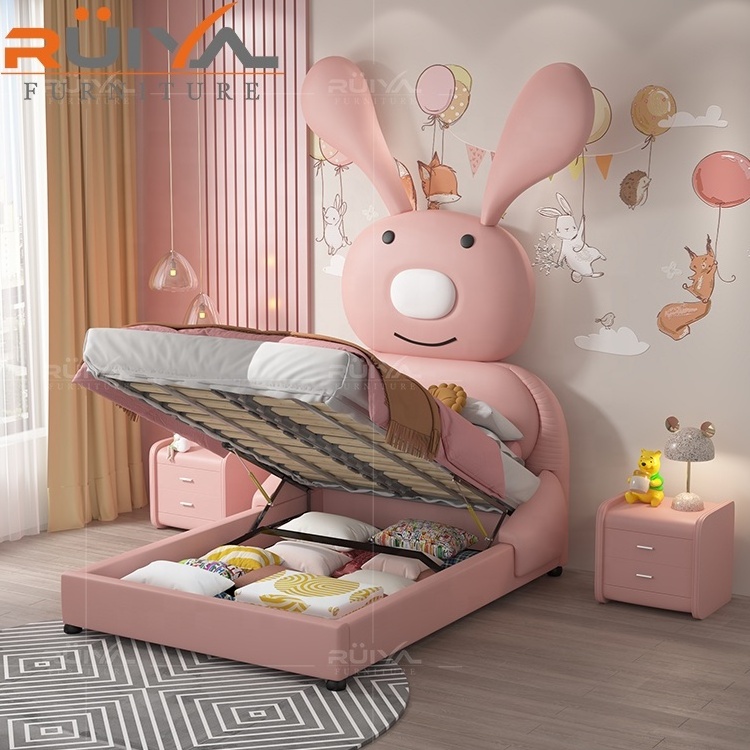 Children Upholstered nordic children bed  Frame with leather Headboard Cute cartoon Design child bed with storage