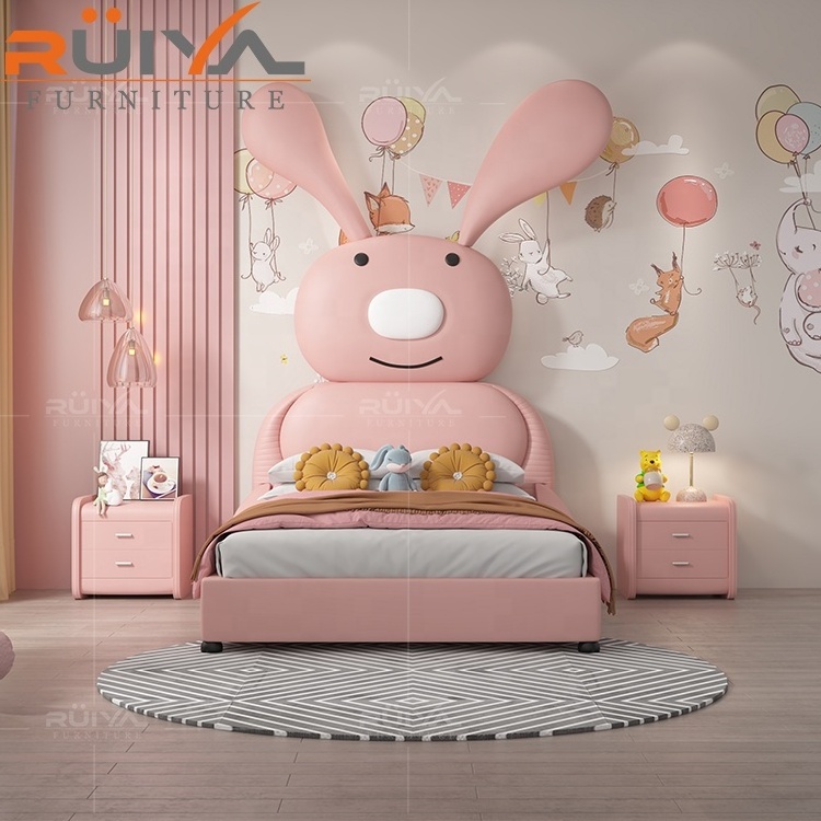 Children Upholstered nordic children bed  Frame with leather Headboard Cute cartoon Design child bed with storage