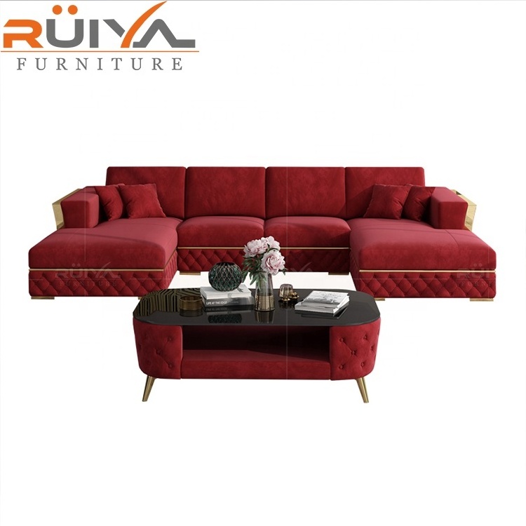 wholesaler furniture factory red corner sofa double chaise lounge luxury velvet corner sofa