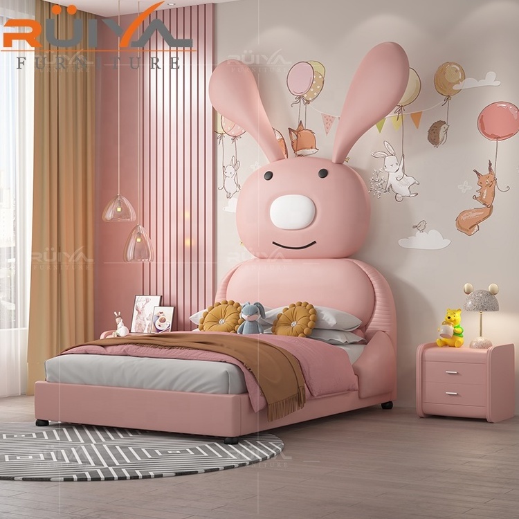 Children Upholstered nordic children bed  Frame with leather Headboard Cute cartoon Design child bed with storage