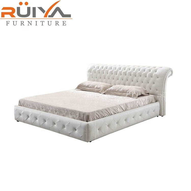 Top grain half leather bed in king size, Foshan cheap furniture carved wooden bed