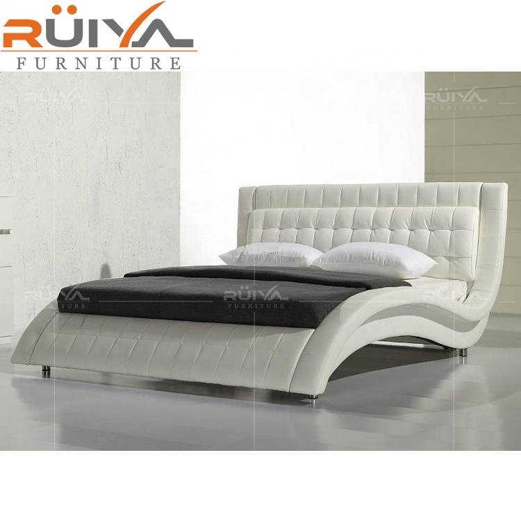 Top grain half leather bed in king size, Foshan cheap furniture carved wooden bed