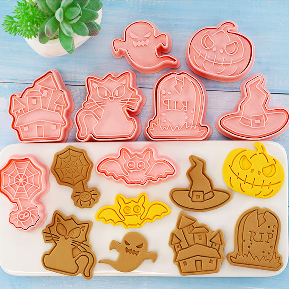 Wholesale 8 Pieces 3D Plastic cookie cutter mold Pumpkin Ghost Cat Castle Tombstone Bat Spider Hat halloween candy Cookie Molds