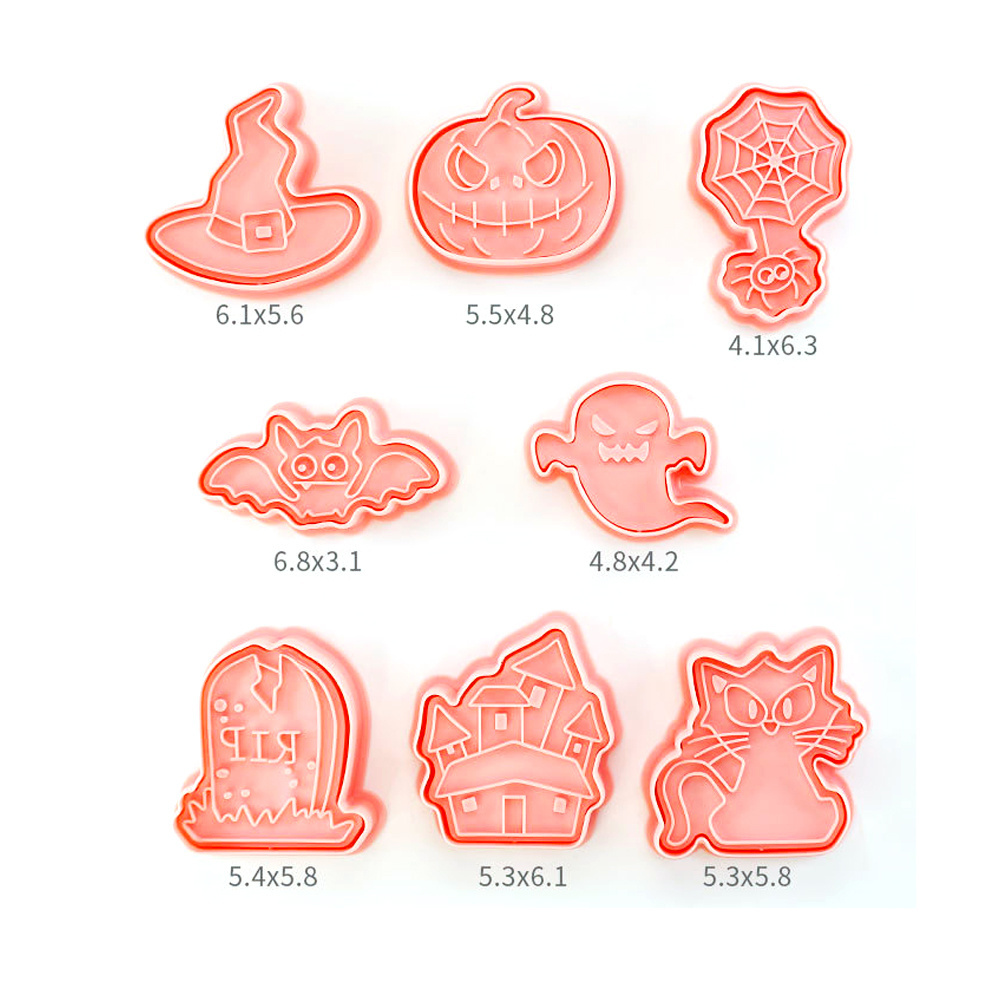 Wholesale 8 Pieces 3D Plastic cookie cutter mold Pumpkin Ghost Cat Castle Tombstone Bat Spider Hat halloween candy Cookie Molds