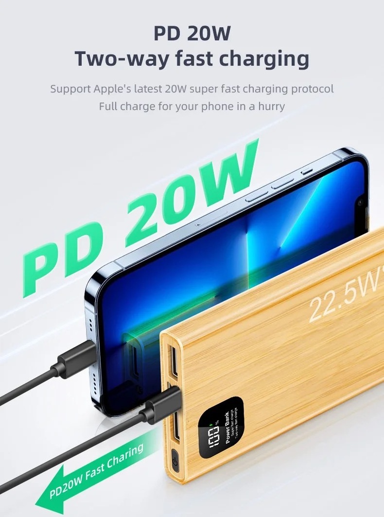 2024 Best Sellers Odm Eco Friendly Fast Charging Pd 22.5w Wooden Mobile Portable Wood Powerbank 20000mah Bamboo Power Bank