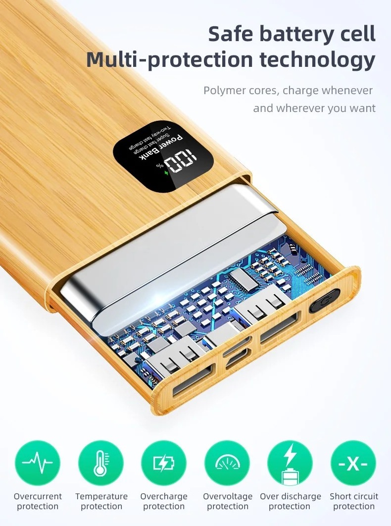 2024 Best Sellers Odm Eco Friendly Fast Charging Pd 22.5w Wooden Mobile Portable Wood Powerbank 20000mah Bamboo Power Bank