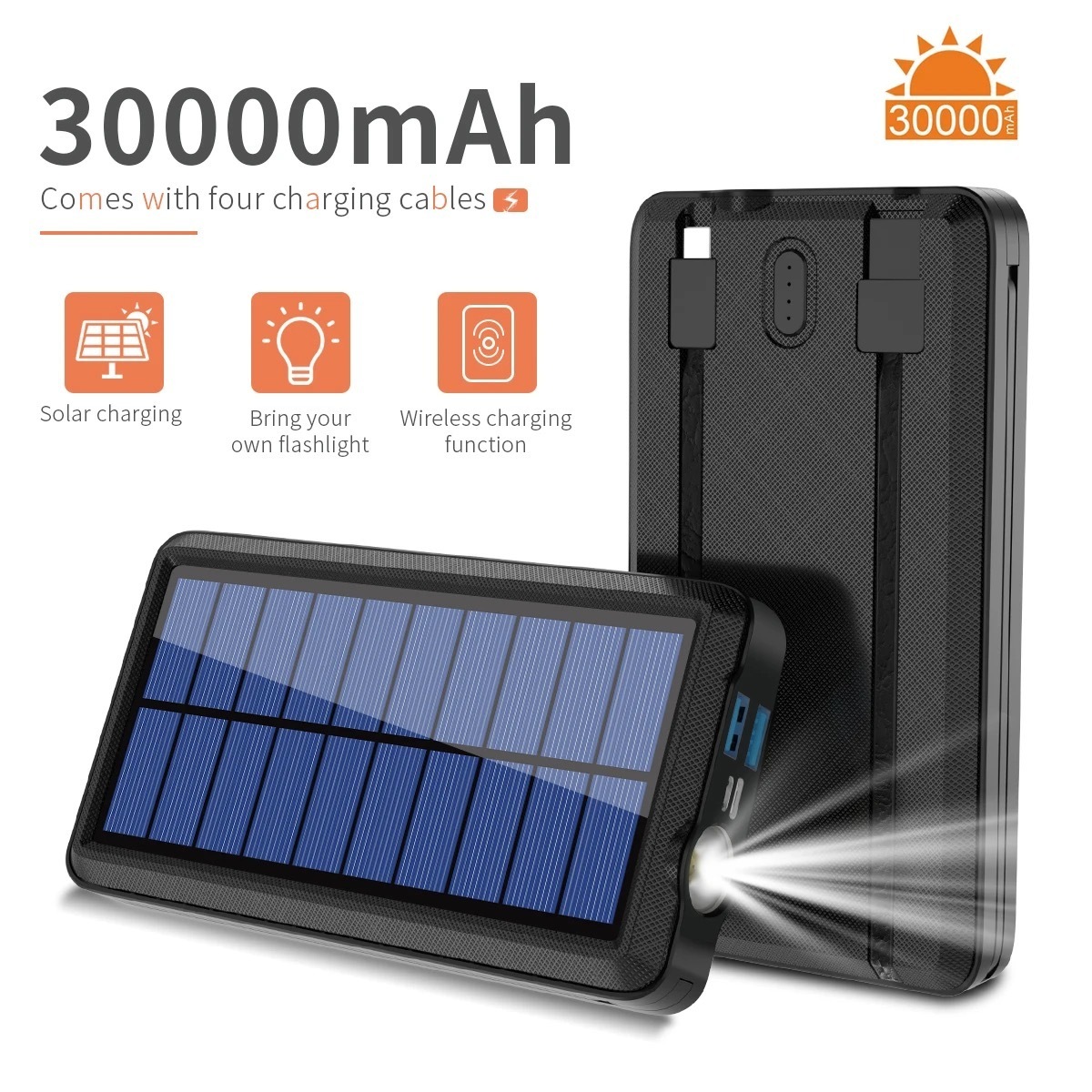 2024Solar panel power bank cigarette lighter build cable solar power bank with wireless charging 30000 mah