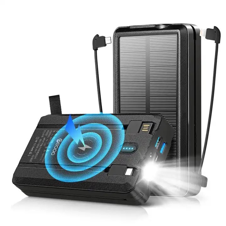 2024Solar panel power bank cigarette lighter build cable solar power bank with wireless charging 30000 mah