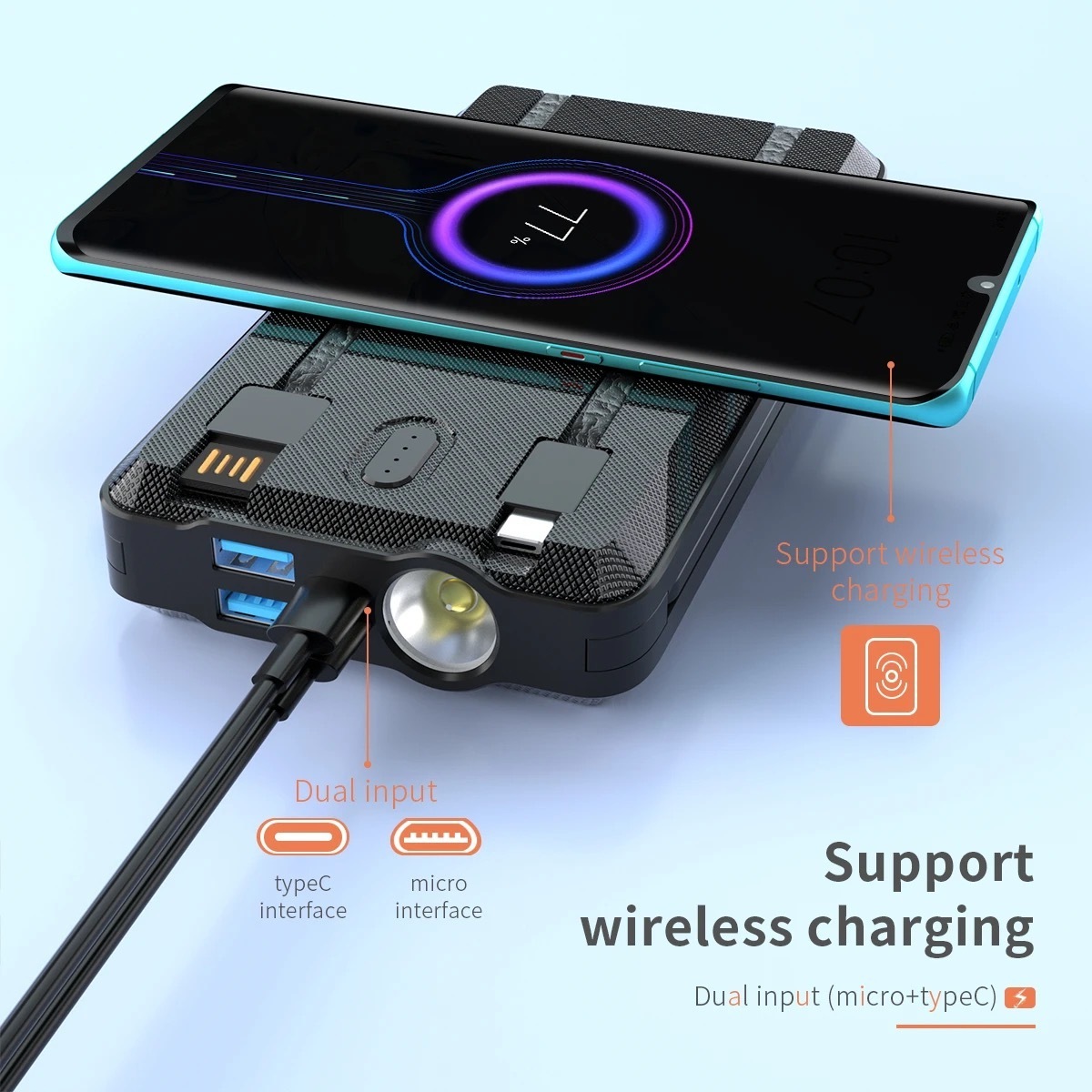 2024Solar panel power bank cigarette lighter build cable solar power bank with wireless charging 30000 mah