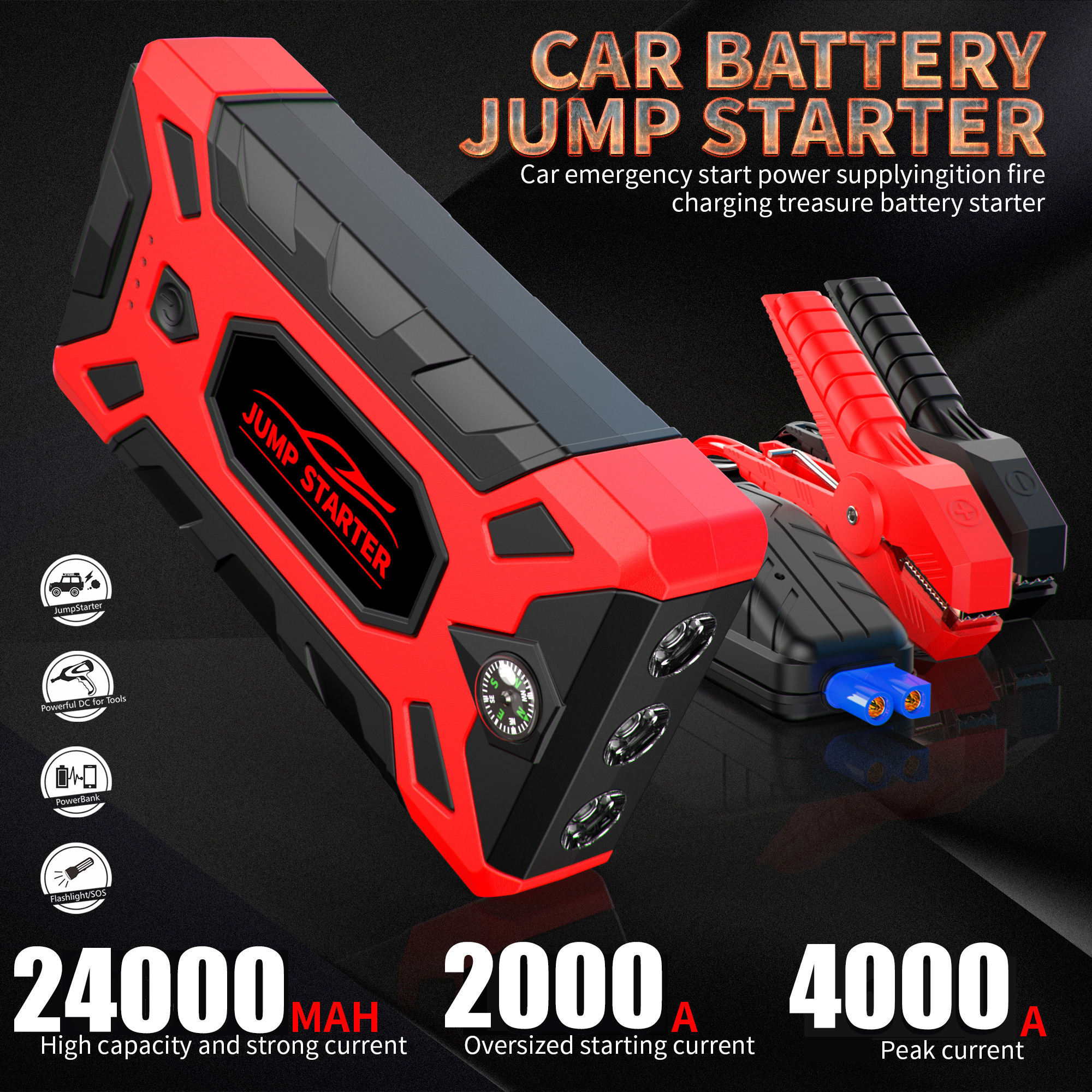 2024 New Product High Quality Car Battery Jump Starter Portable Car Battery Charger Pack 6000 Mah Off-road Motorcycles Tire