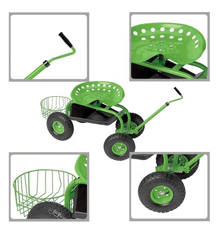 Garden Cart Rolling Work Seat Outdoor Lawn Yard Patio Wagon Scooter for Planting, Adjustable 360 Degree Swivel Seat