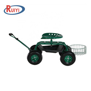 Horticutural chair Telescoping Tractor Handle Garden Rolling Work Seat Cart Scooter with on Four Wheels Tool Tray