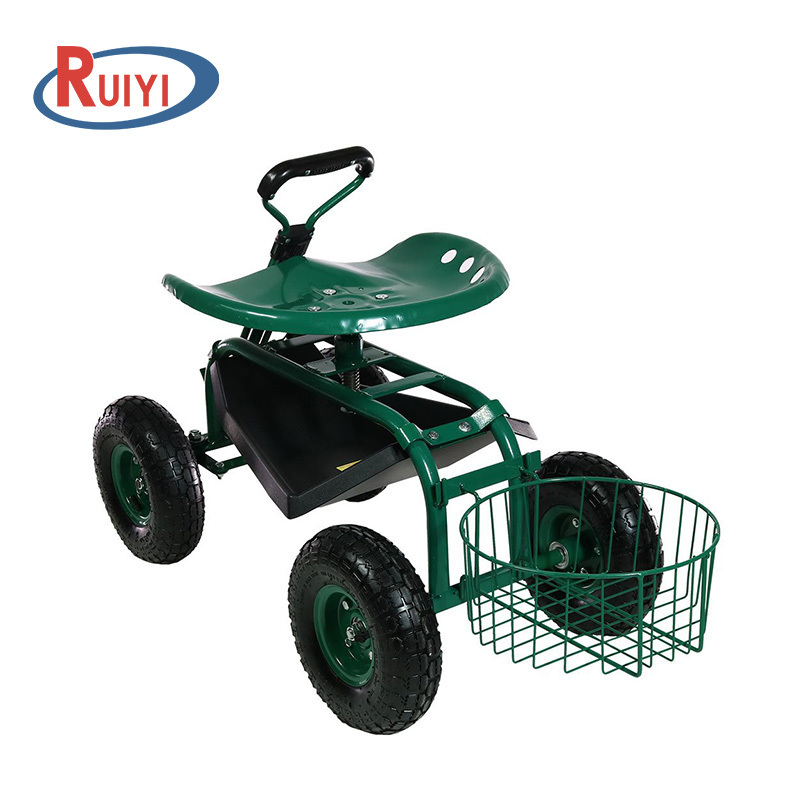 Horticutural chair Telescoping Tractor Handle Garden Rolling Work Seat Cart Scooter with on Four Wheels Tool Tray