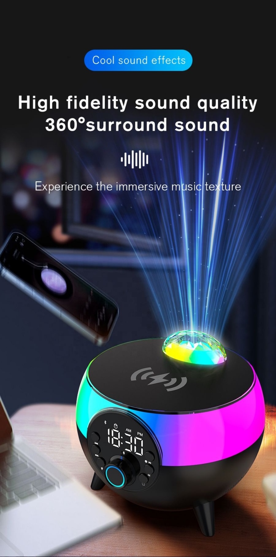 2024 Charger Phone Wireless Alarm Clock Speaker With Rhythm Rgb Light multifunctIon wireless charger