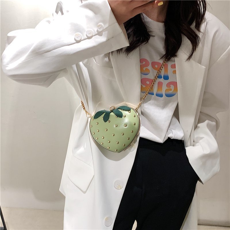 Chain Purse Fruit Shoulder Bag Satchel Bags, Cute Rivets Handbag Heart Shape Strawberry Crossbody Bag for Girls Lady Women