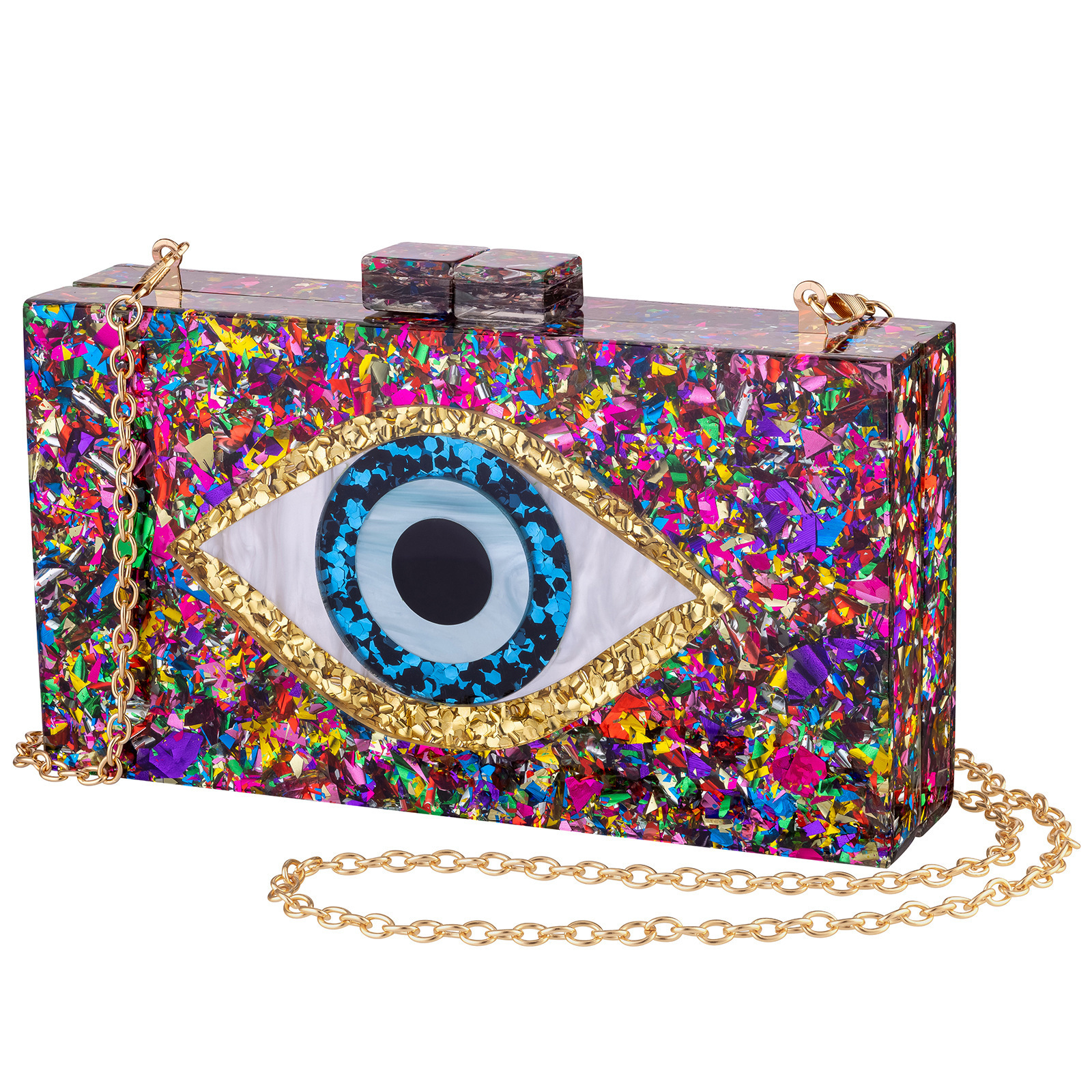 Chain Shoulder Crossbody Handbags, Glitter Banquet Evening Bag Multicolor Perspex Box Evil Eye Acrylic Clutch Purse for women