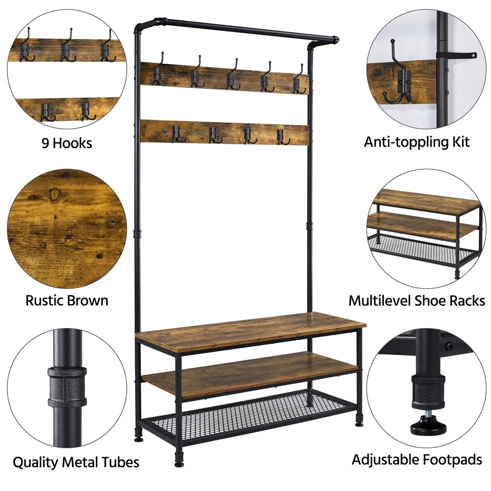 Industrial Entryway Hall Tree With Storage Shelves And Coat Hooks, Rustic Brown