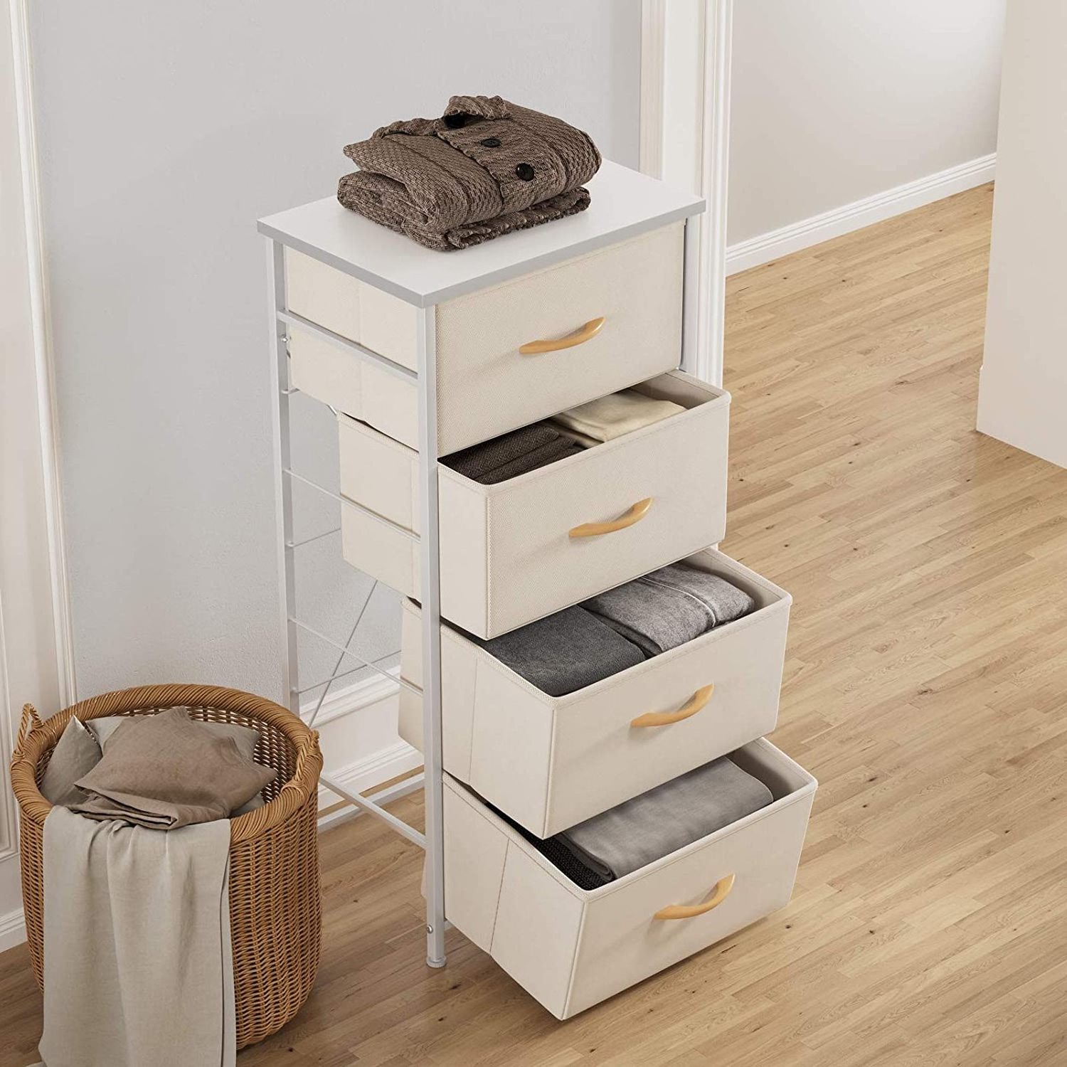 Dresser Storage Tower, 4 Drawer Fabric Organizer for Bedroom Corridor Entry Closet, with Sturdy Steel Frame Wood Top