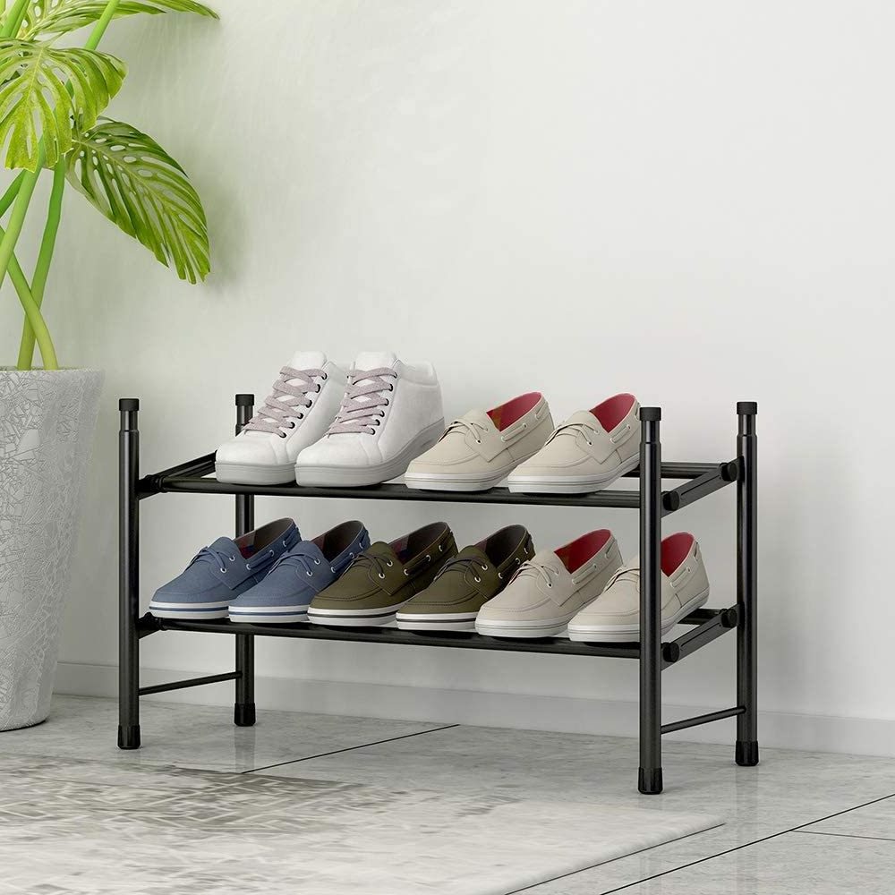 2 Tier Freestanding Shoe Rack Metal Iron Expandable and Adjustable Shoe Organizer Stackable Shoe Rack for Closet Entrance