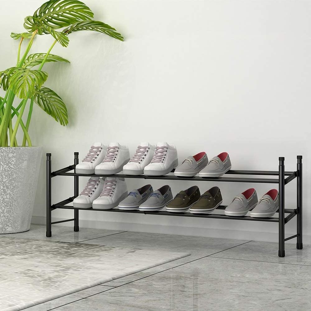 2 Tier Freestanding Shoe Rack Metal Iron Expandable and Adjustable Shoe Organizer Stackable Shoe Rack for Closet Entrance