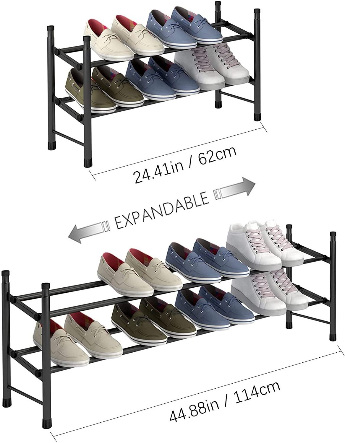 2 Tier Freestanding Shoe Rack Metal Iron Expandable and Adjustable Shoe Organizer Stackable Shoe Rack for Closet Entrance