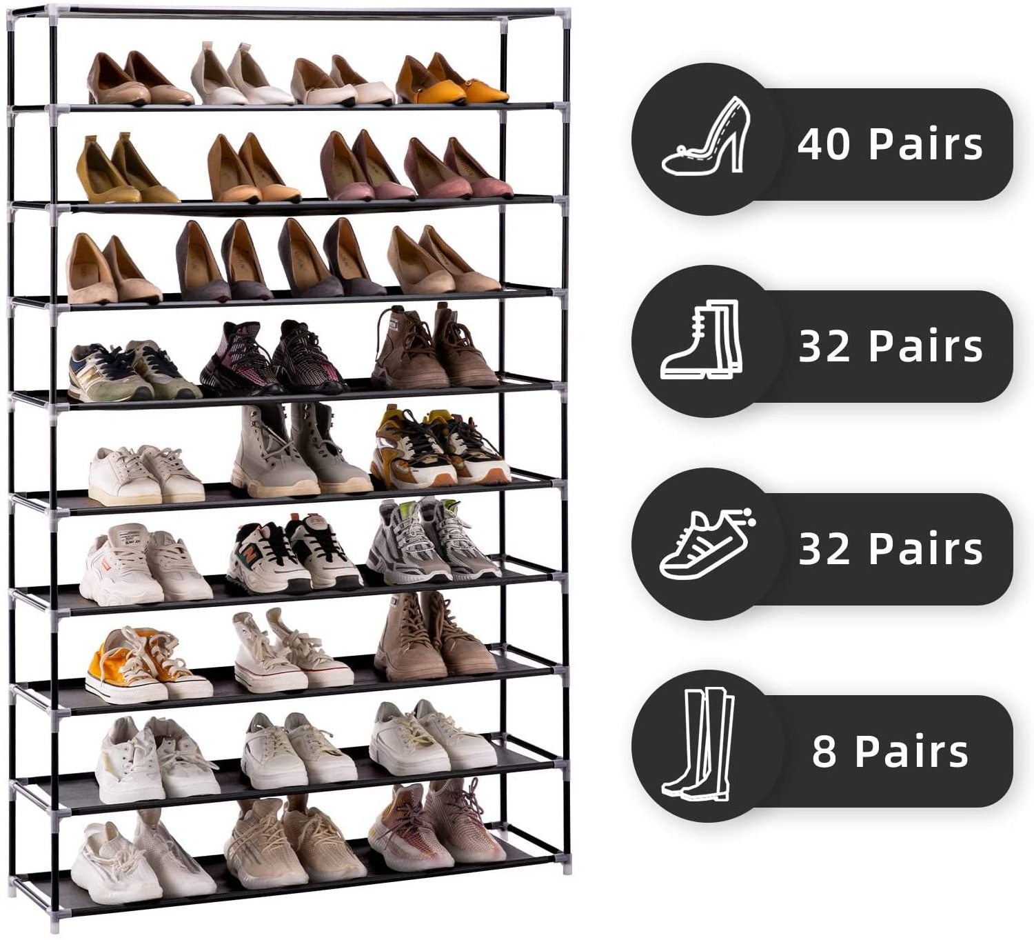 Shoe Rack Organizer, 10 Tiers, Holds Up to 50 Pairs of Shoes, Large Vertical Shoe Rack with Removable, Waterproof