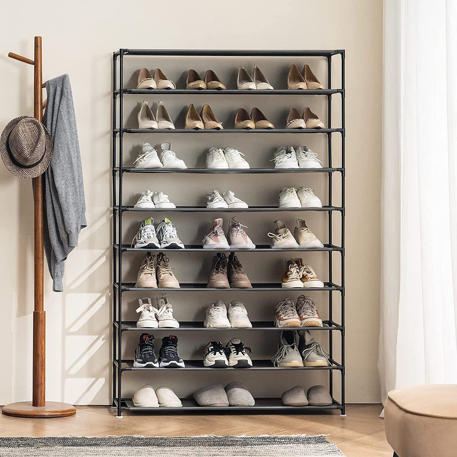 Shoe Rack Organizer, 10 Tiers, Holds Up to 50 Pairs of Shoes, Large Vertical Shoe Rack with Removable, Waterproof