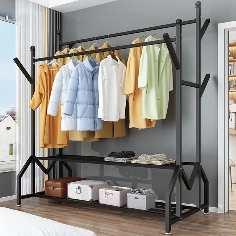 Clothing Garment Rack Free-standing With Top Rod Entrance Clothes Rack Heavy Duty Shelves Clothes Organizer With Wheel Coat Rack