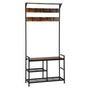 3-In-1 Industrial Coat Rack Shoe Bench Entryway Hall Tree w/Storage Shelf & 9 Hook