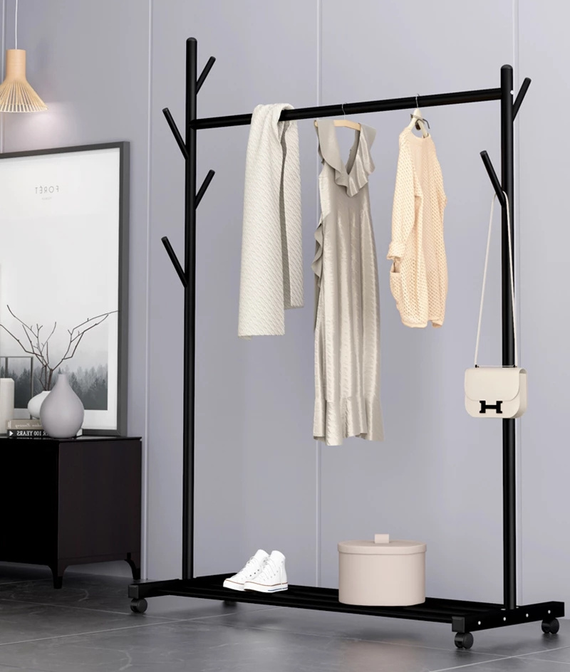 Single Pole Standing Coat Rack with Wheels Metal Hanger Bedroom Furniture Durable Floor Clothes Rack Hangers Golden Black